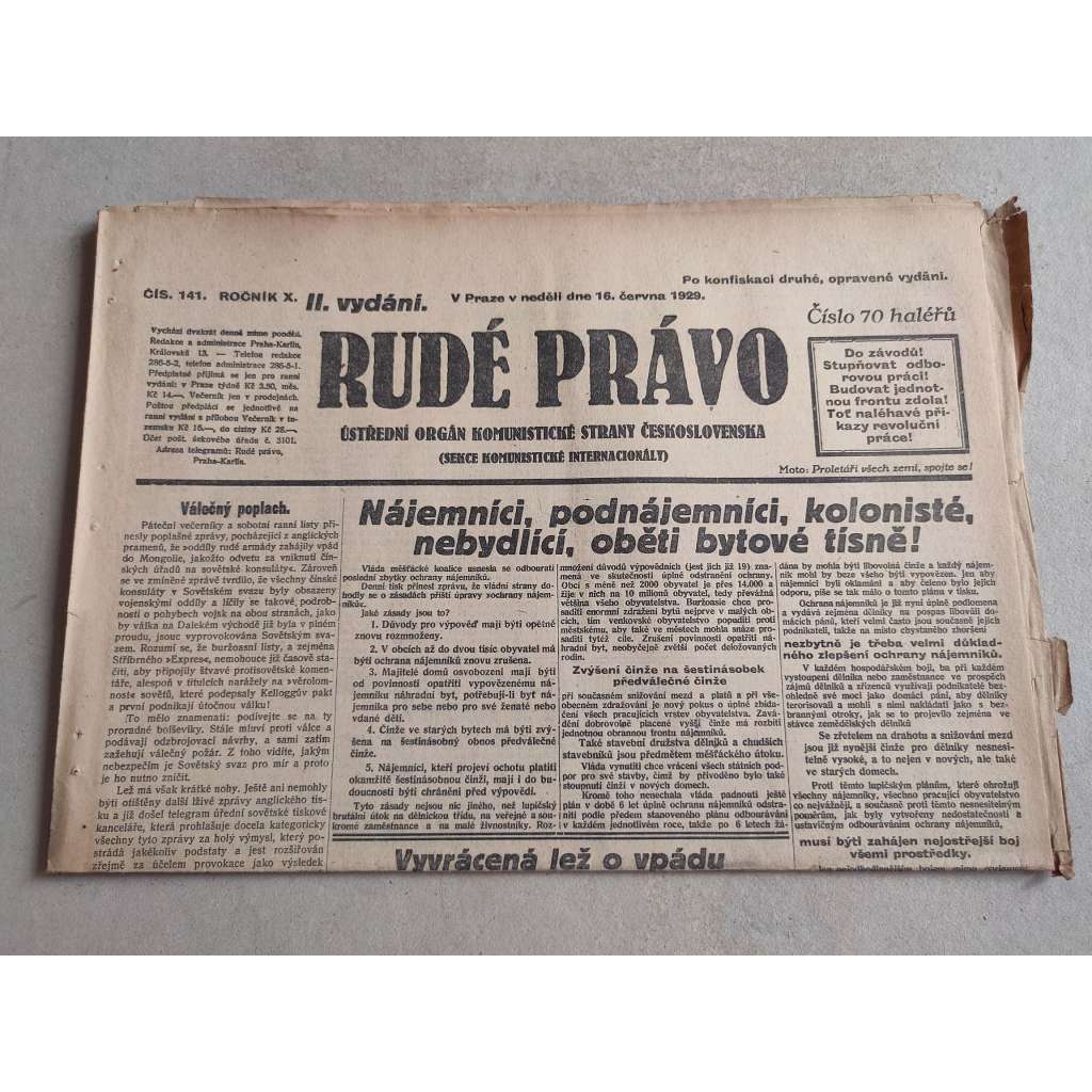 Rudé právo (16.6.1929; ročník X.) - 1. republika, staré noviny