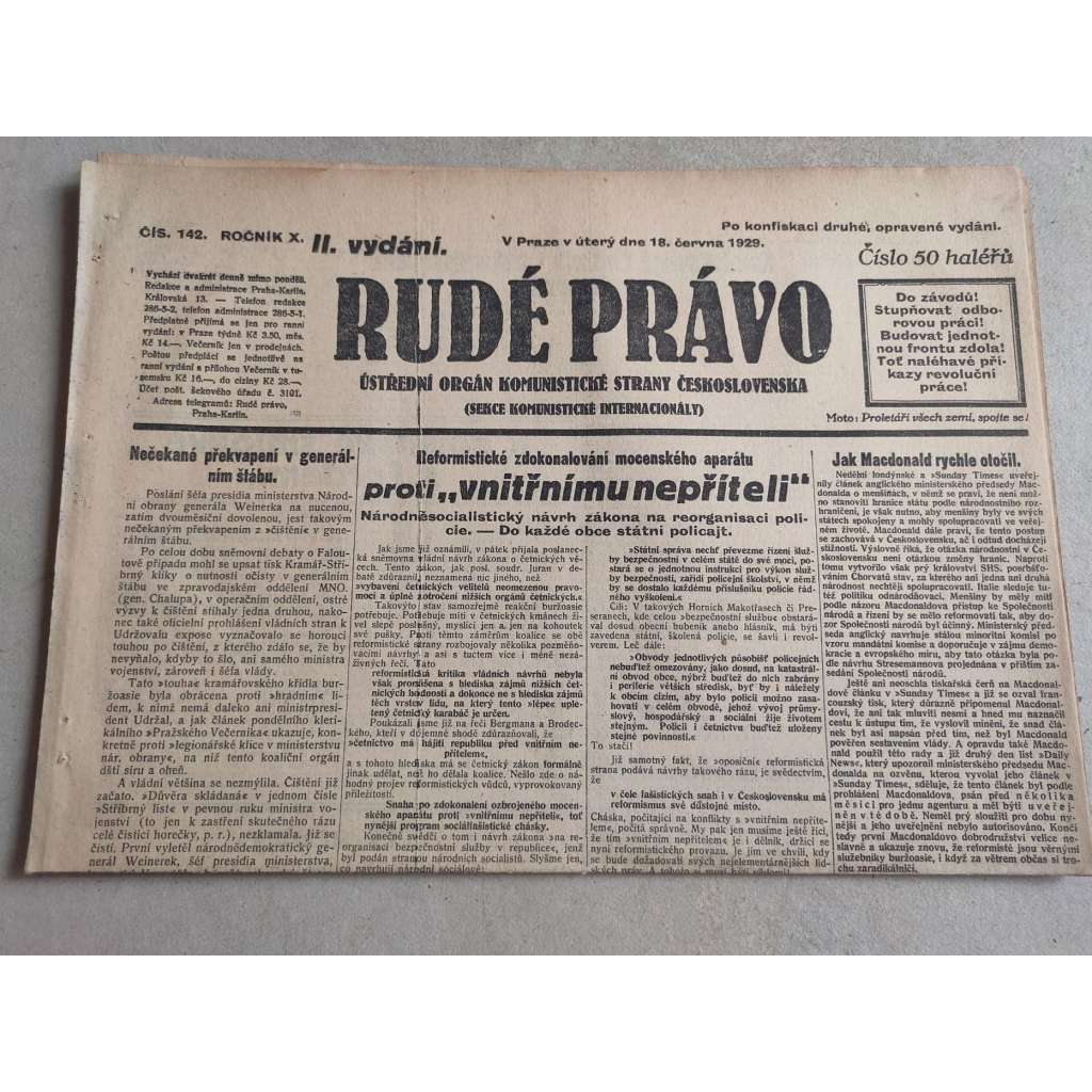 Rudé právo (18.6.1929; ročník X.) - 1. republika, staré noviny