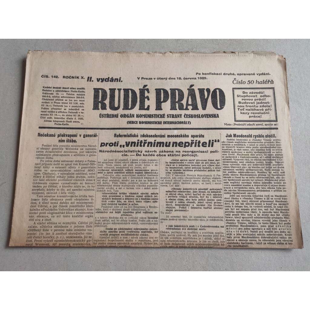 Rudé právo (18.6.1929; ročník X.) - 1. republika, staré noviny