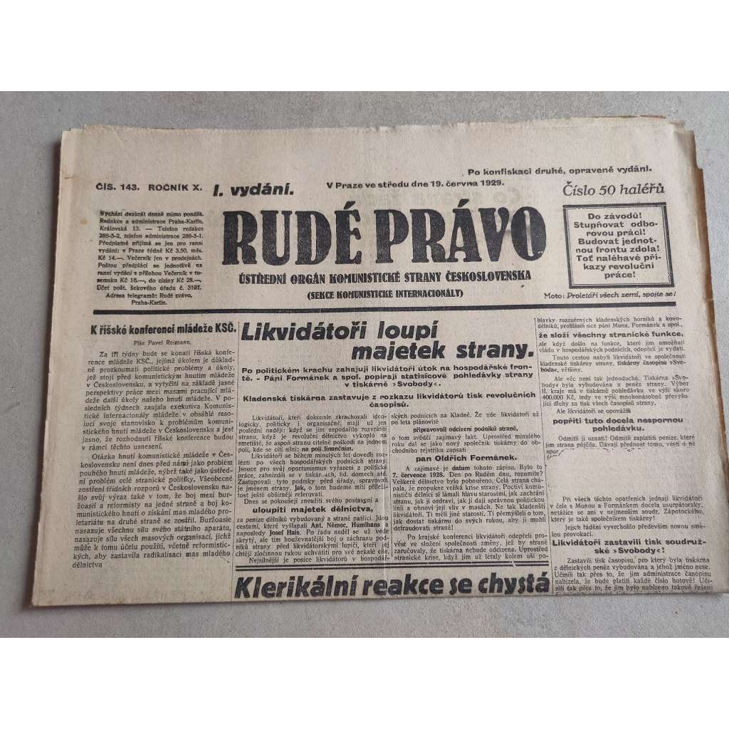 Rudé právo (19.6.1929; ročník X.) - 1. republika, staré noviny