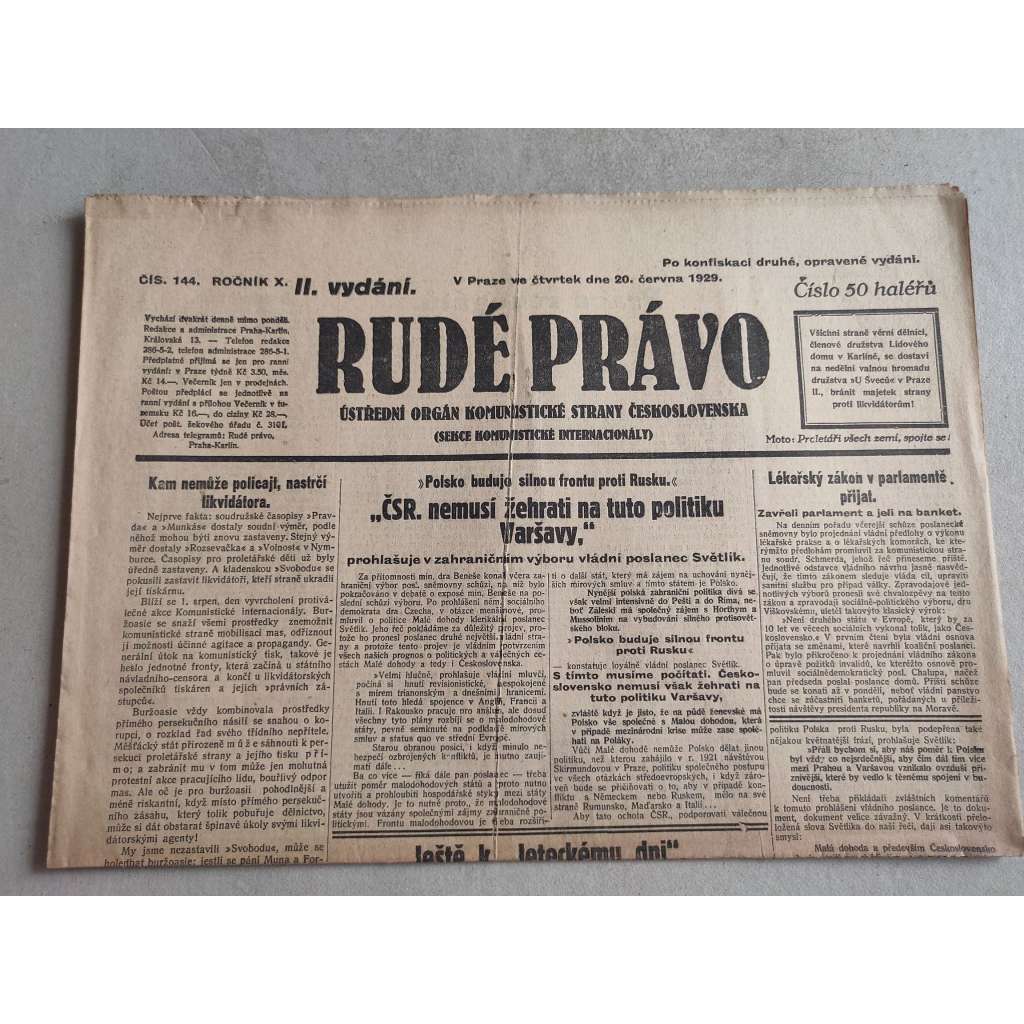 Rudé právo (20.6.1929; ročník X.) - 1. republika, staré noviny