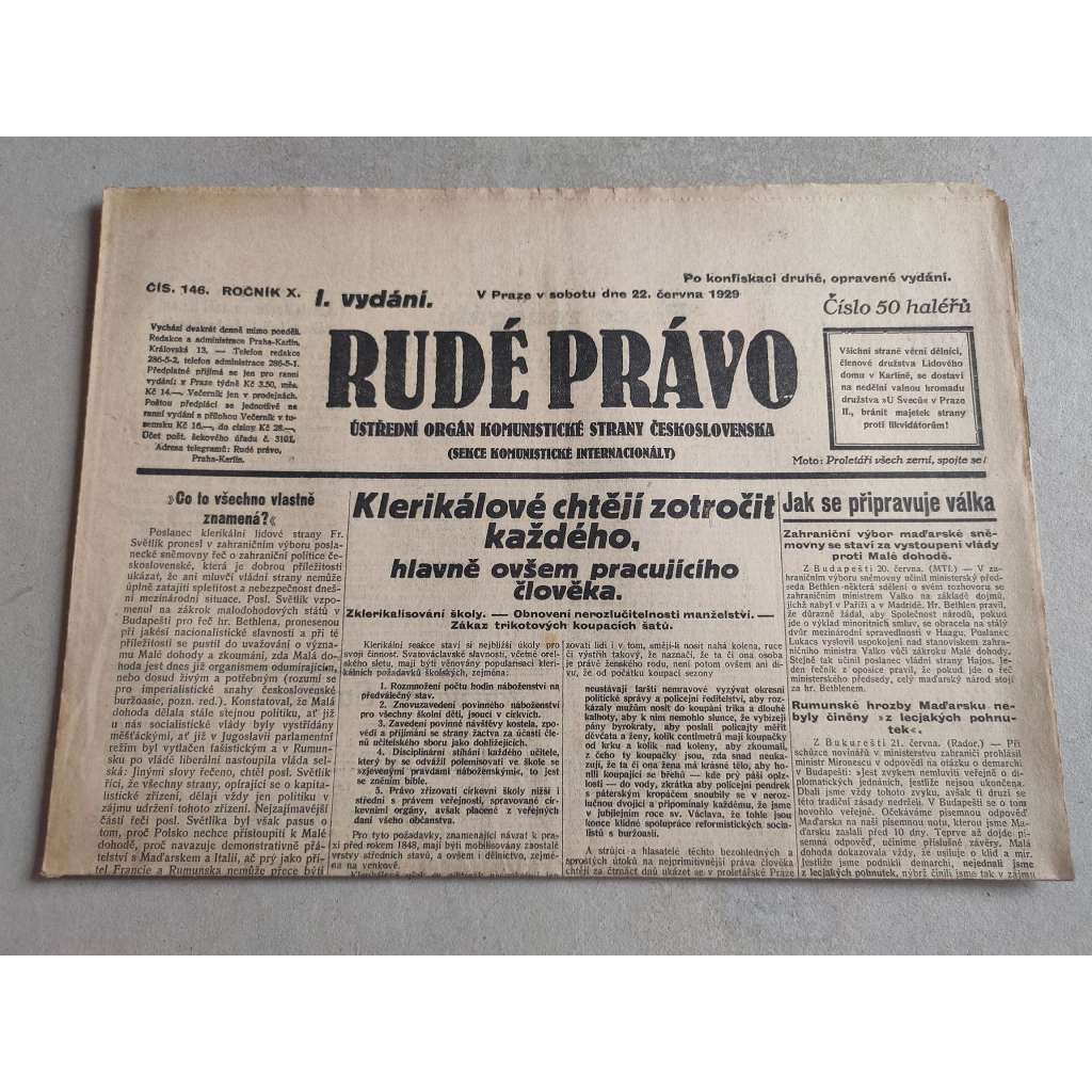 Rudé právo (22.6.1929; ročník X.) - 1. republika, staré noviny