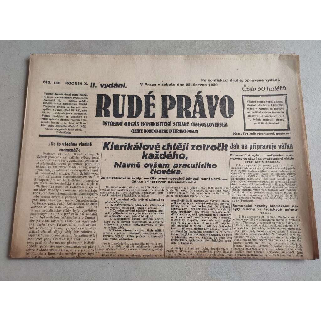 Rudé právo (22.6.1929; ročník X.) - 1. republika, staré noviny