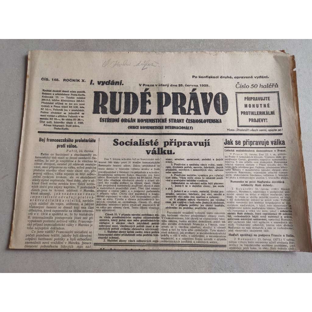 Rudé právo (25.6.1929; ročník X.) - 1. republika, staré noviny