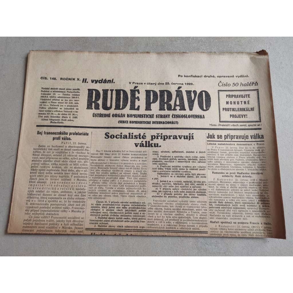 Rudé právo (25.6.1929; ročník X.) - 1. republika, staré noviny