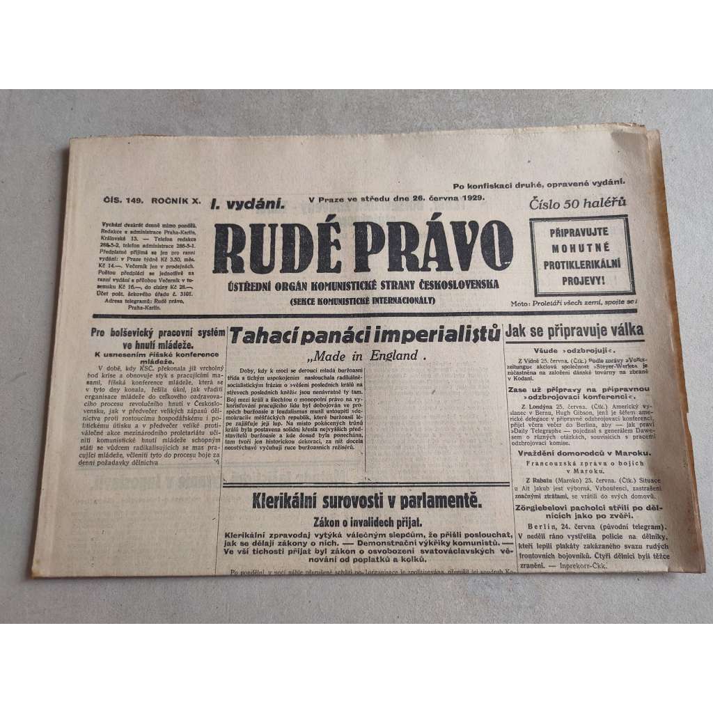 Rudé právo (26.6.1929; ročník X.) - 1. republika, staré noviny