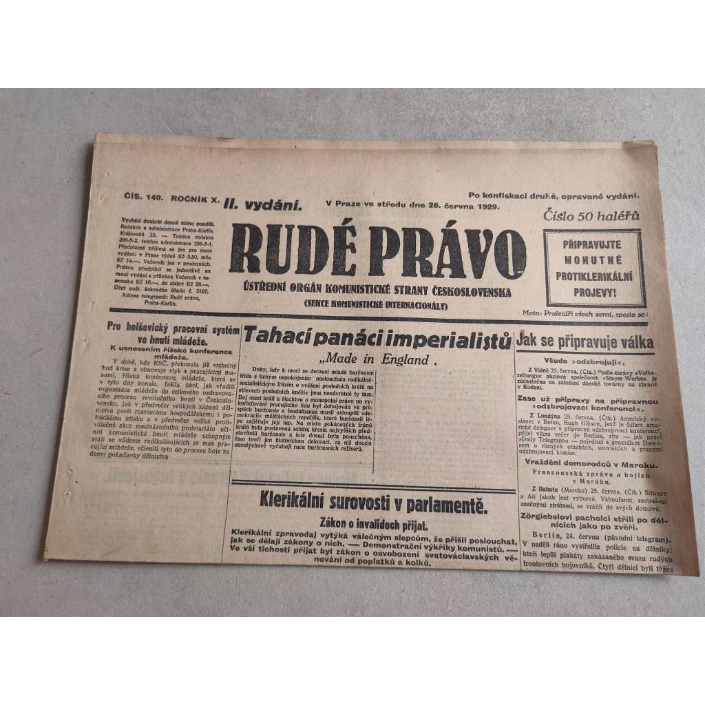 Rudé právo (26.6.1929; ročník X.) - 1. republika, staré noviny