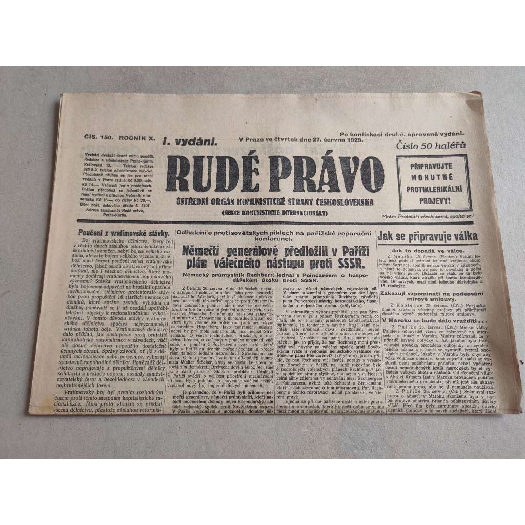 Rudé právo (27.6.1929; ročník X.) - 1. republika, staré noviny