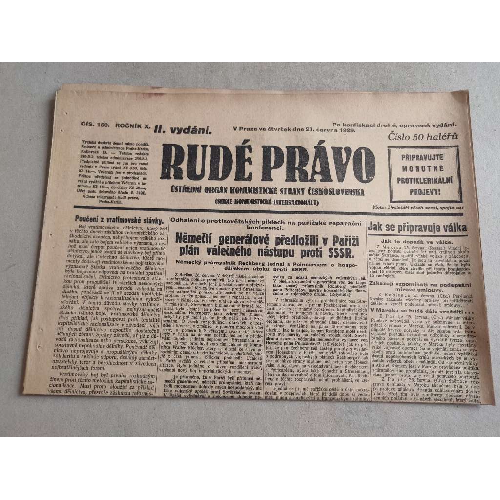 Rudé právo (27.6.1929; ročník X.) - 1. republika, staré noviny