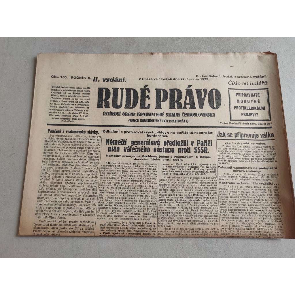 Rudé právo (27.6.1929; ročník X.) - 1. republika, staré noviny