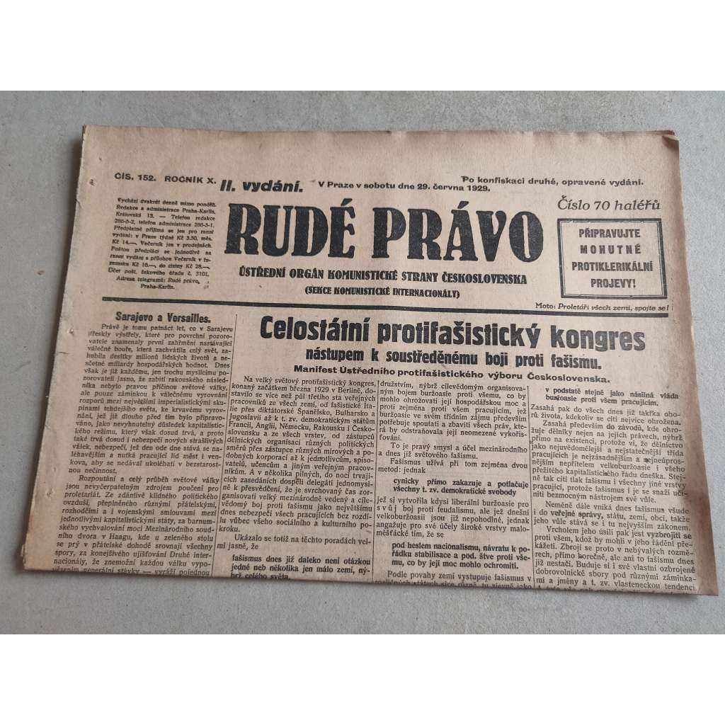 Rudé právo (29.6.1929; ročník X.) - 1. republika, staré noviny