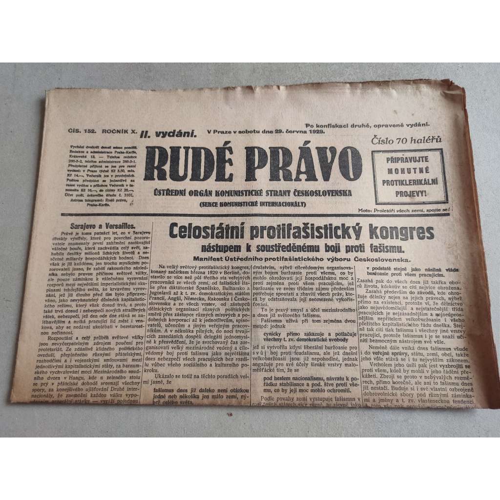 Rudé právo (29.6.1929; ročník X.) - 1. republika, staré noviny