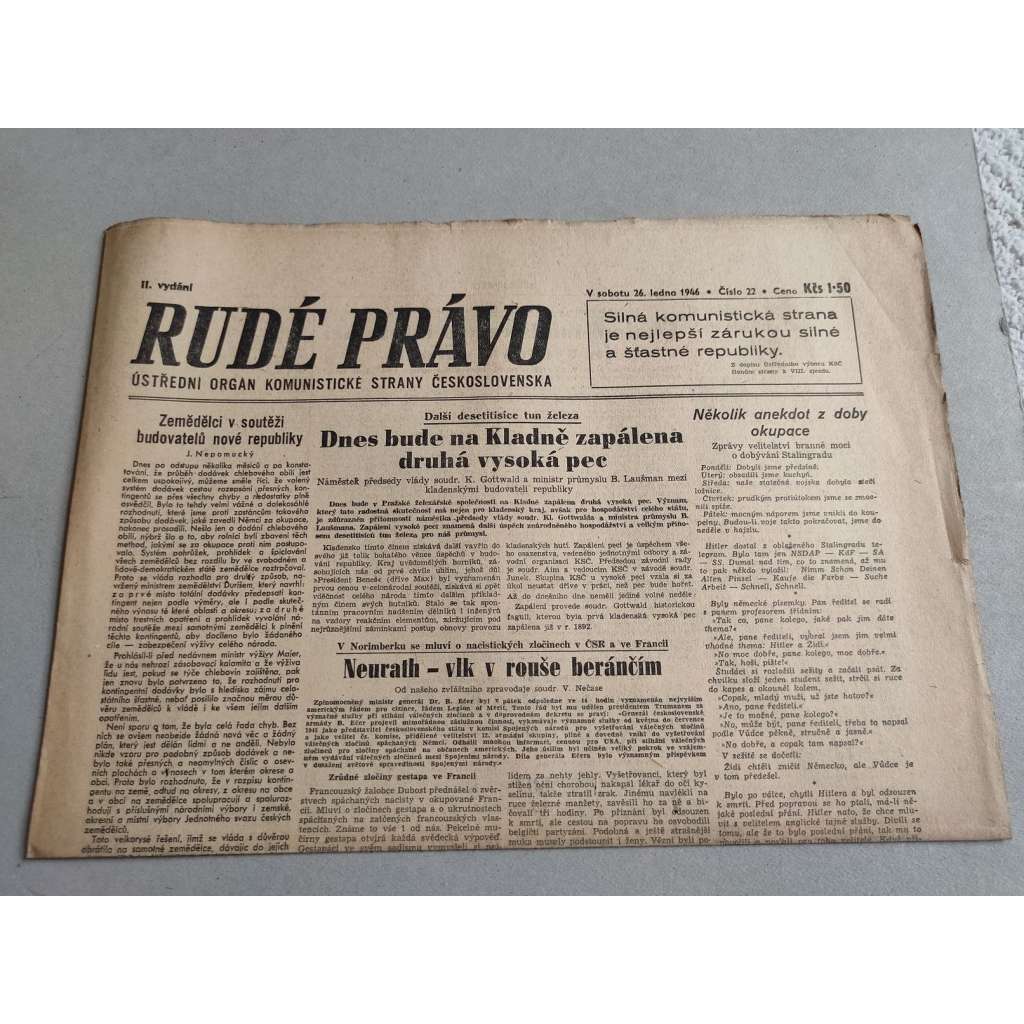Rudé právo (26.1.1946) - 1. republika, staré noviny