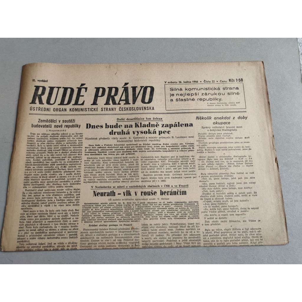 Rudé právo (26.1.1946) - 1. republika, staré noviny