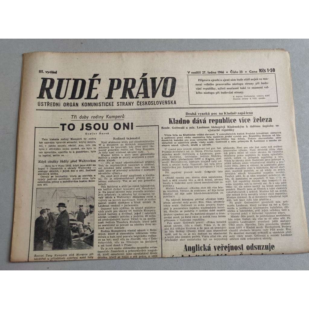 Rudé právo (27.1.1946) - 1. republika, staré noviny