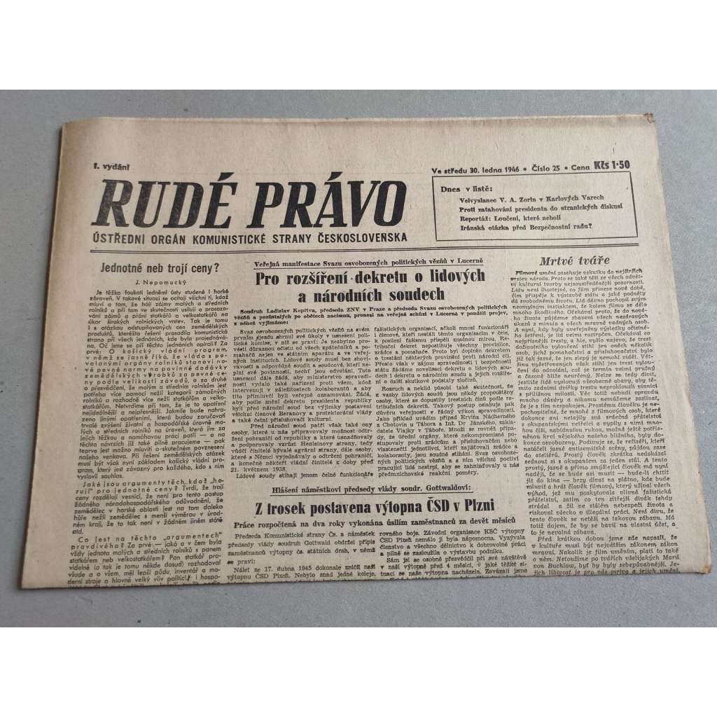 Rudé právo (30.1.1946) - 1. republika, staré noviny