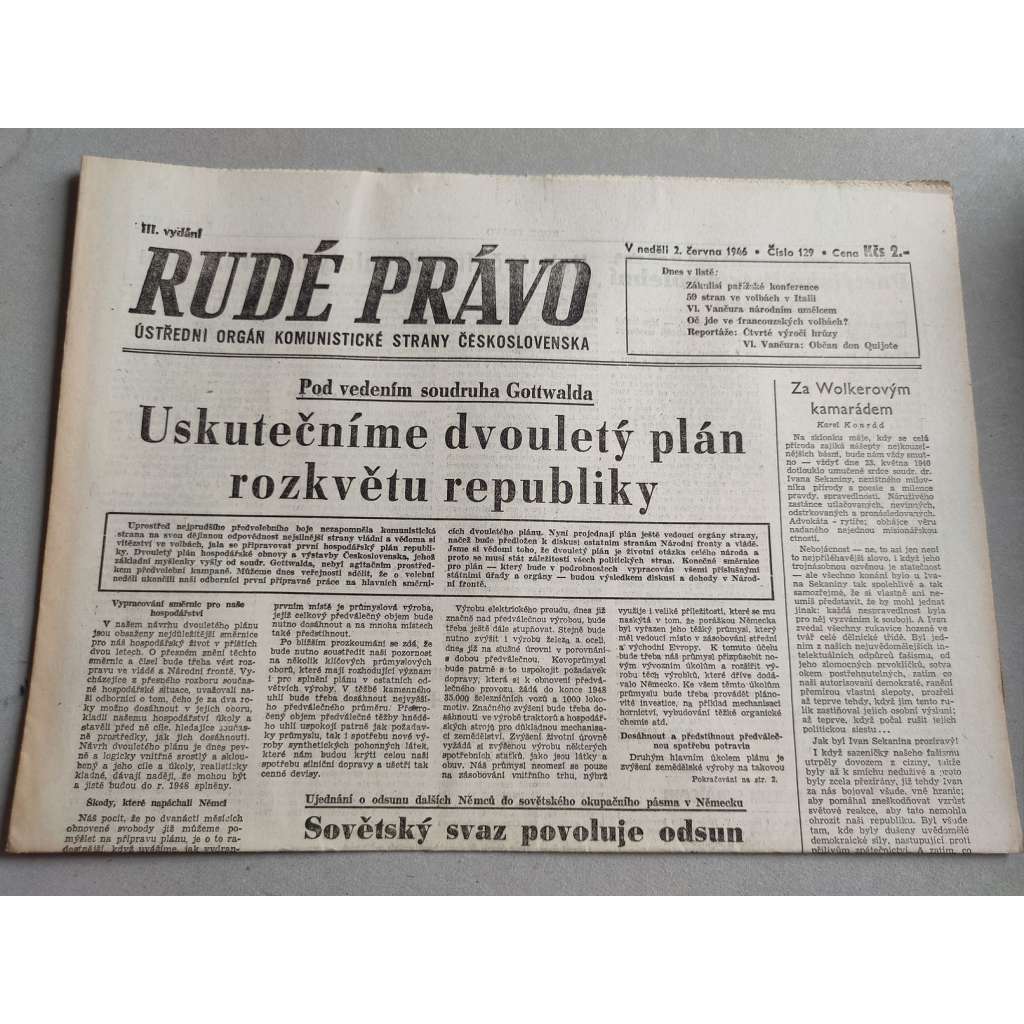 Rudé právo (2.6.1946) - staré noviny