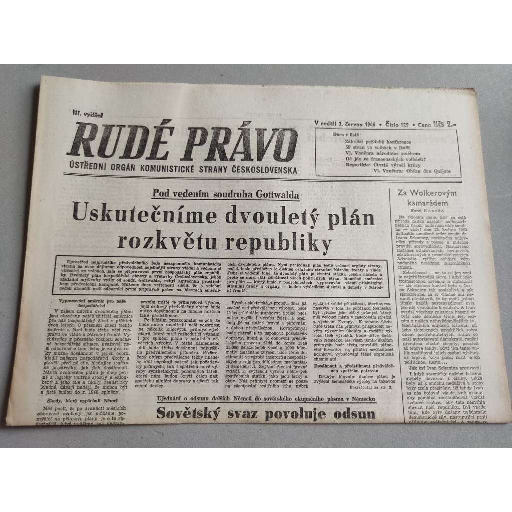 Rudé právo (2.6.1946) - staré noviny