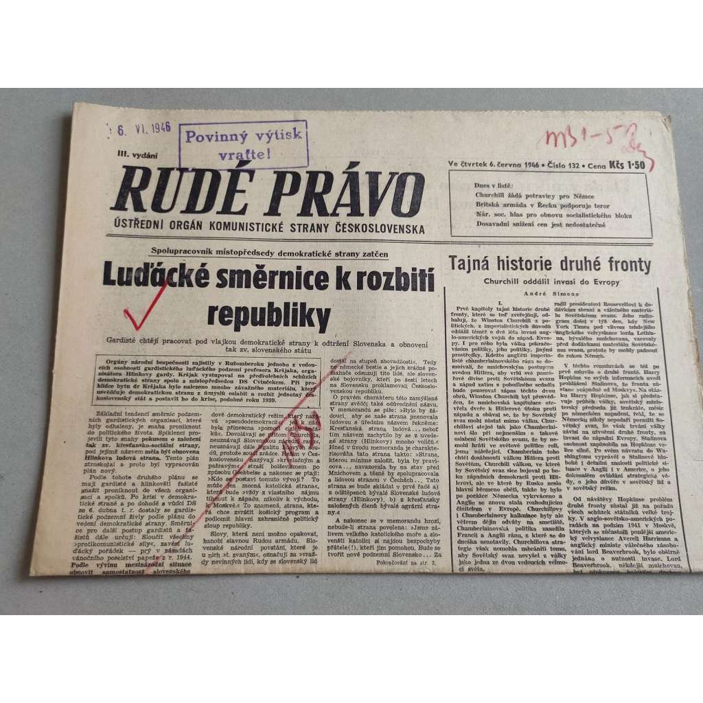 Rudé právo (6.6.1946) - staré noviny