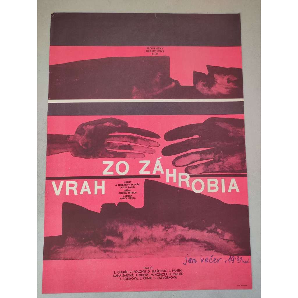 Vrah zo záhrobia (filmový plakát, film ČSSR 1966, režie: Andrej Lettrich, Pierre Gaspard-Huit; Hrají: Ladislav Chudík, Viliam Polónyi, Dušan Blaškovič)