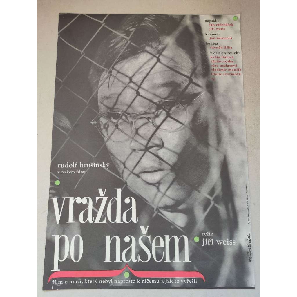 Vražda po našem (filmový plakát, film ČSSR 1966, režie: Jiří Weiss; Hrají: Květa Fialová, Rudolf Hrušínský, Václav Voska, Vladimír Menšík)