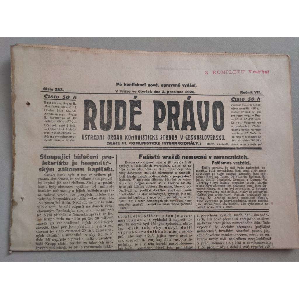 Rudé právo (2.12.1926) - ročník VII. - staré noviny - Ústřední orgán KSČ [komunisté, komunismus]