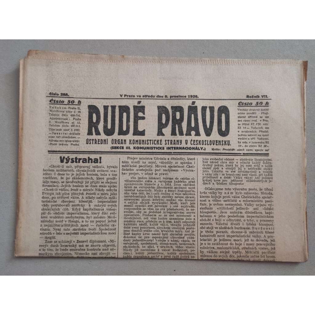 Rudé právo (8.12.1926) - ročník VII. - staré noviny - Ústřední orgán KSČ [komunisté, komunismus]