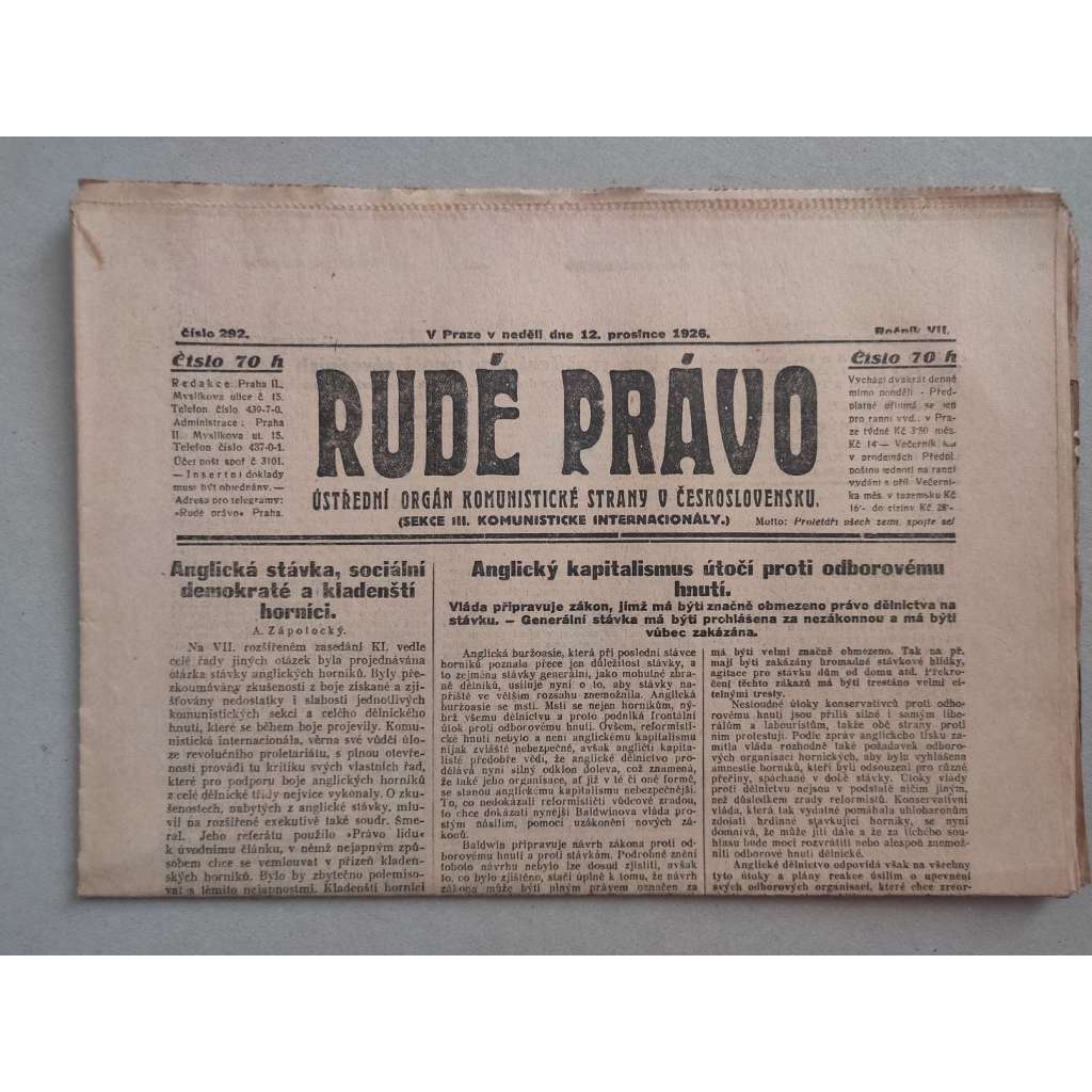 Rudé právo (12.12.1926) - ročník VII. - staré noviny - Ústřední orgán KSČ [komunisté, komunismus]