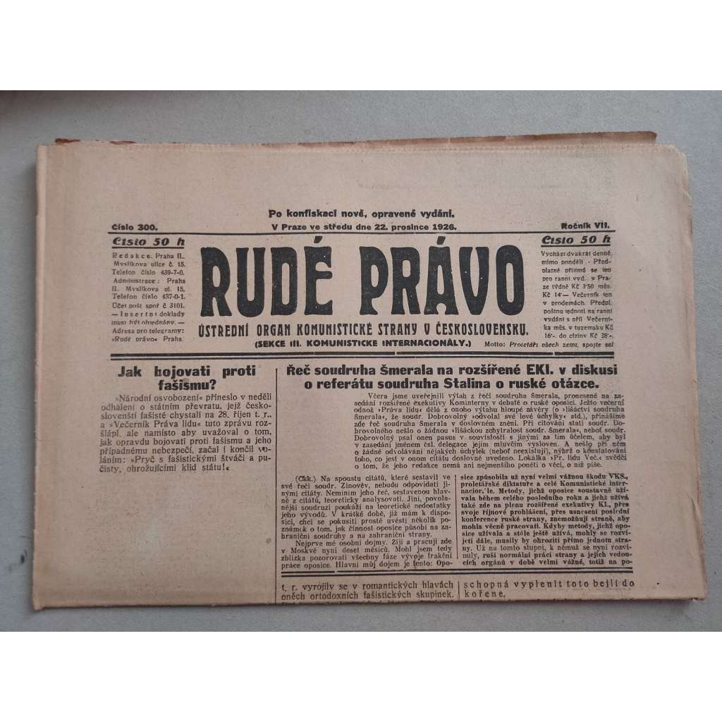 Rudé právo (22.12.1926) - ročník VII. - staré noviny - Ústřední orgán KSČ [komunisté, komunismus]