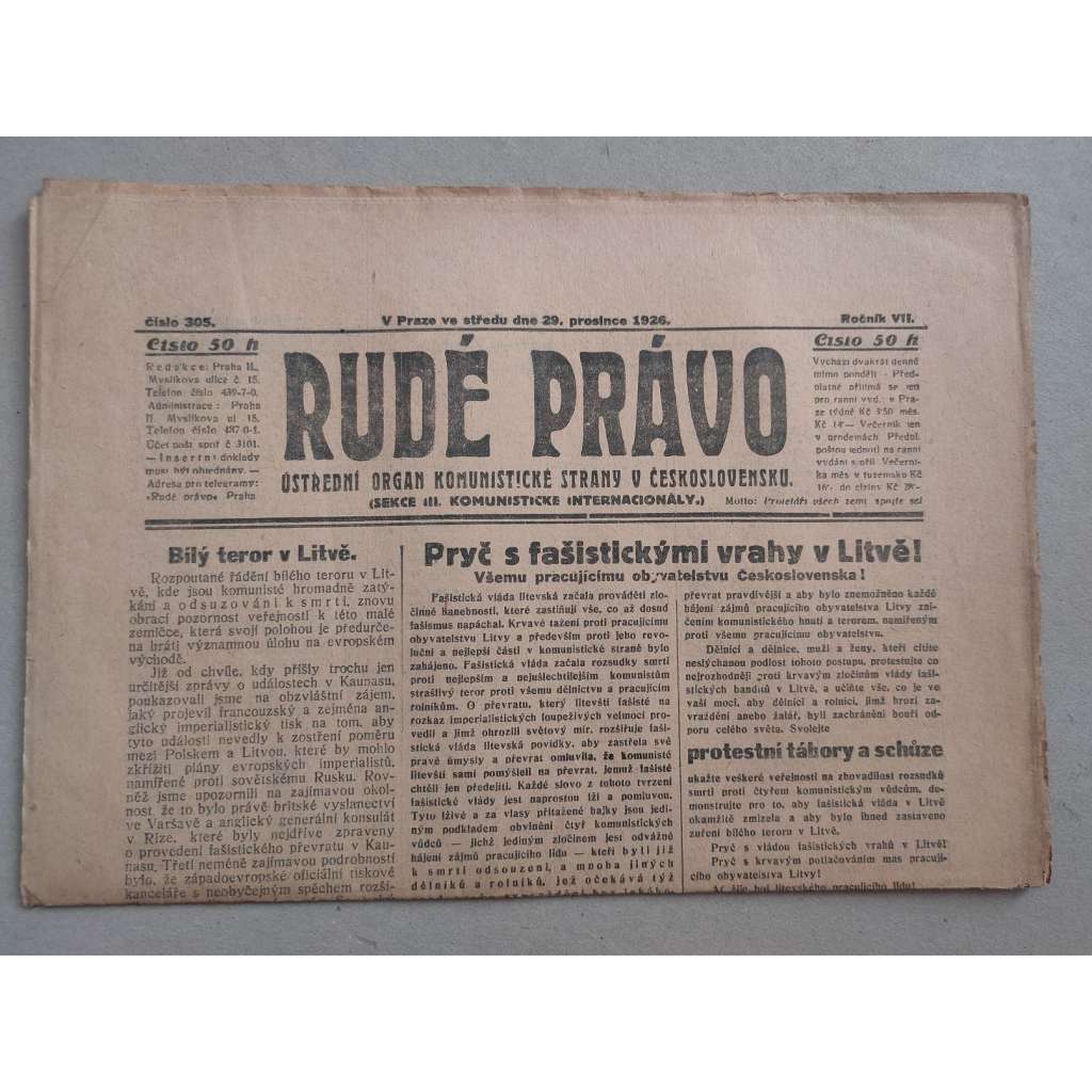 Rudé právo (29.12.1926) - ročník VII. - staré noviny - Ústřední orgán KSČ [komunisté, komunismus]