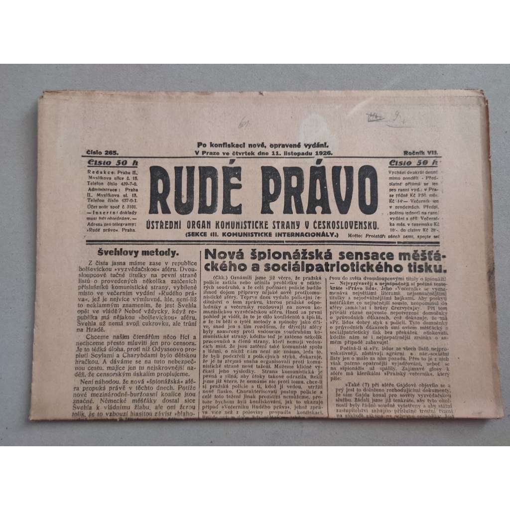 Rudé právo (11.11.1926) - ročník VII. - staré noviny - Ústřední orgán KSČ [komunisté, komunismus]