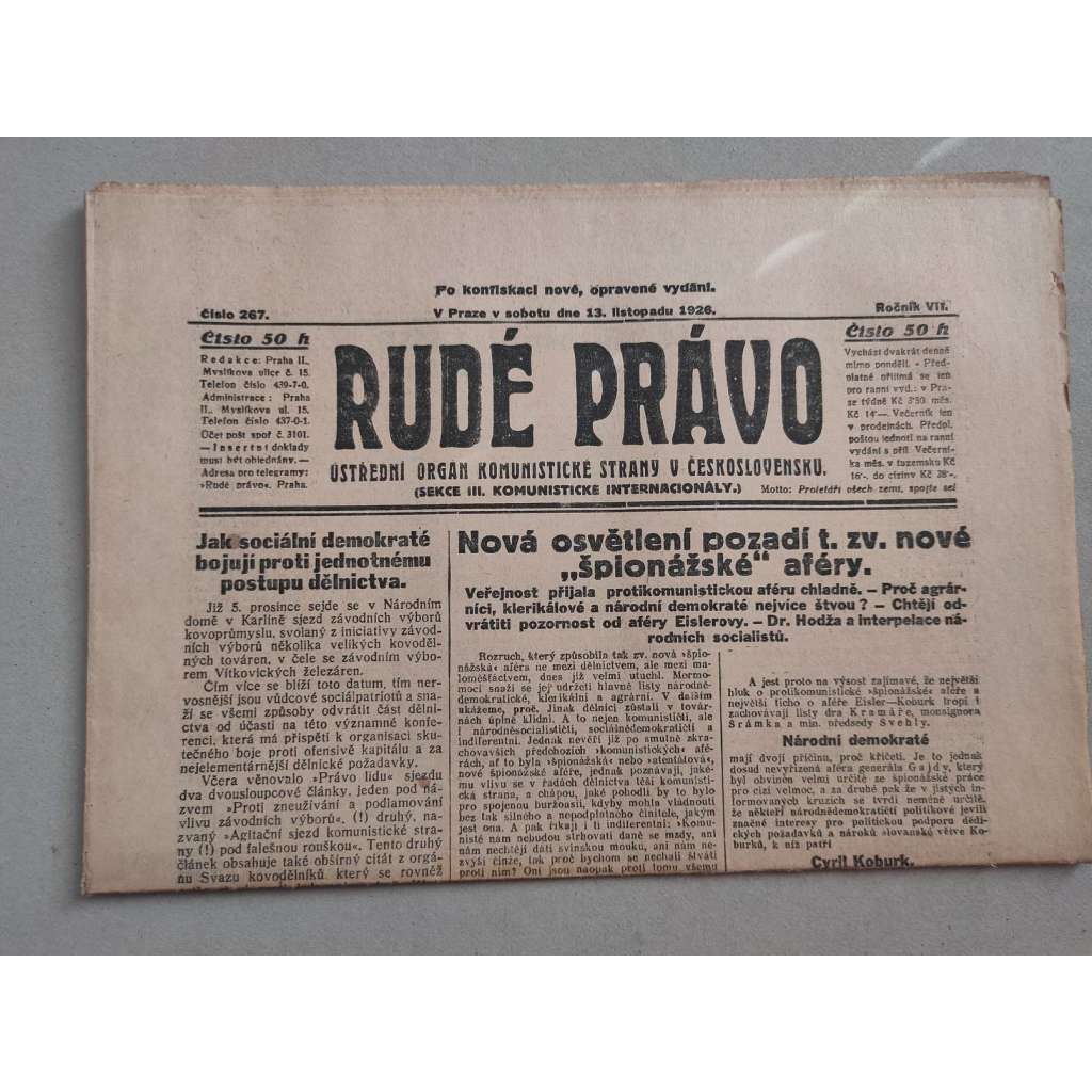 Rudé právo (13.11.1926) - ročník VII. - staré noviny - Ústřední orgán KSČ [komunisté, komunismus]