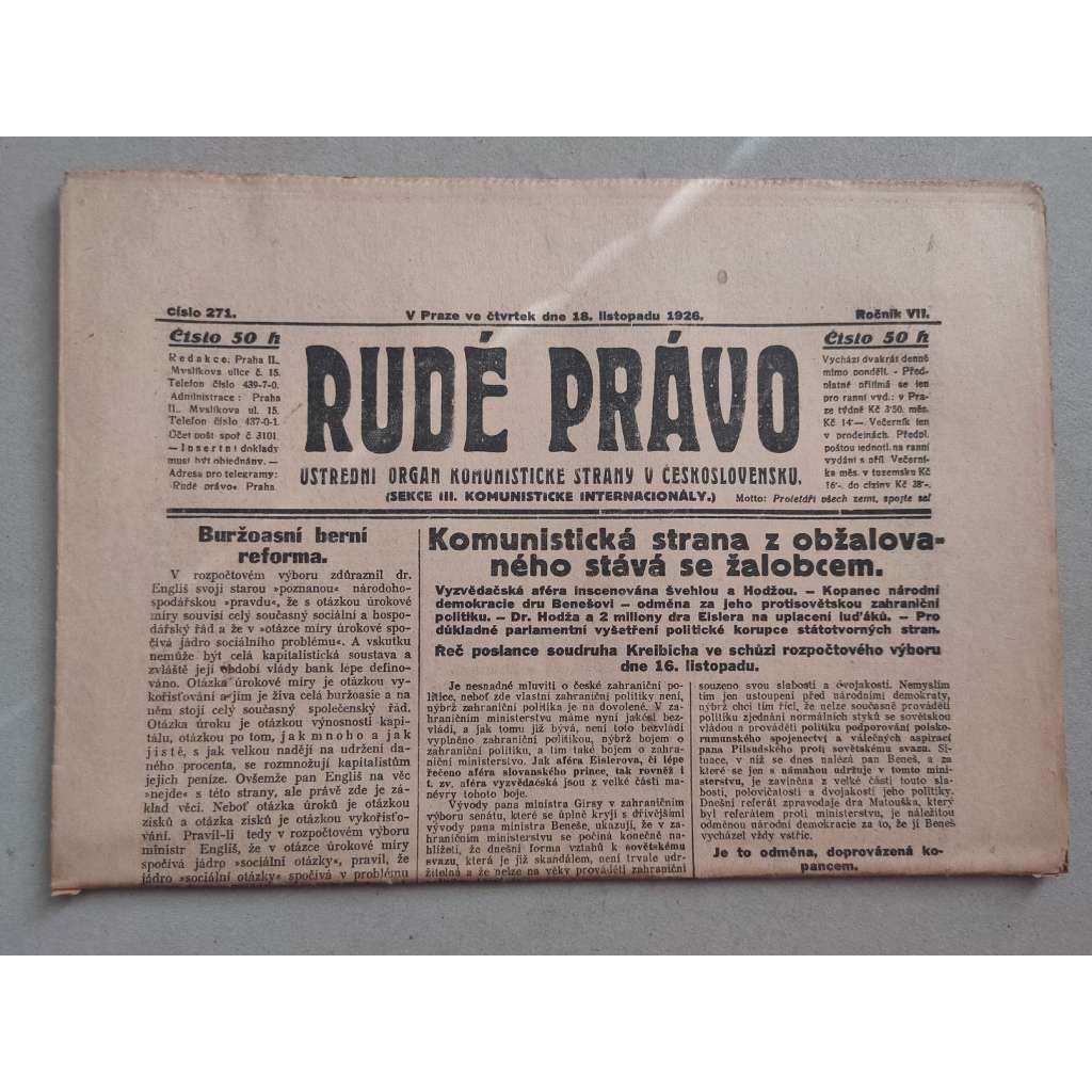 Rudé právo (18.11.1926) - ročník VII. - staré noviny - Ústřední orgán KSČ [komunisté, komunismus]