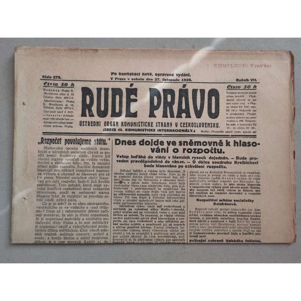 Rudé právo (27.11.1926) - ročník VII. - staré noviny - Ústřední orgán KSČ [komunisté, komunismus]