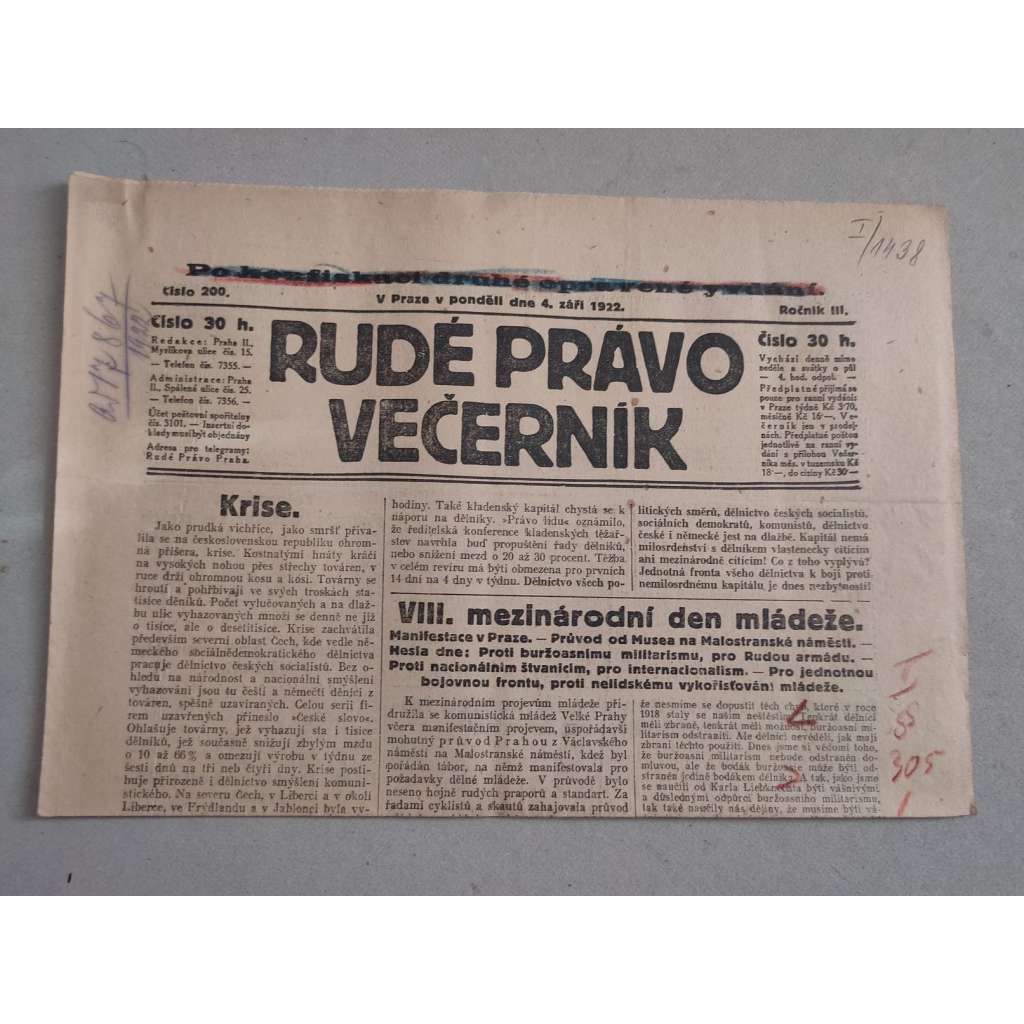 Rudé právo Večerník (4.9.1922) - ročník III. - staré noviny - [komunisté, komunismus]