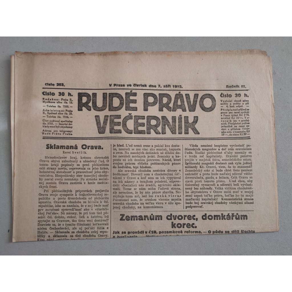 Rudé právo Večerník (7.9.1922) - ročník III. - staré noviny - [komunisté, komunismus]