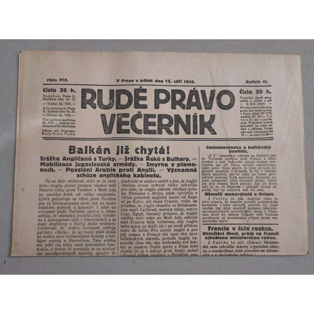 Rudé právo Večerník (15.9.1922) - ročník III. - staré noviny - [komunisté, komunismus]