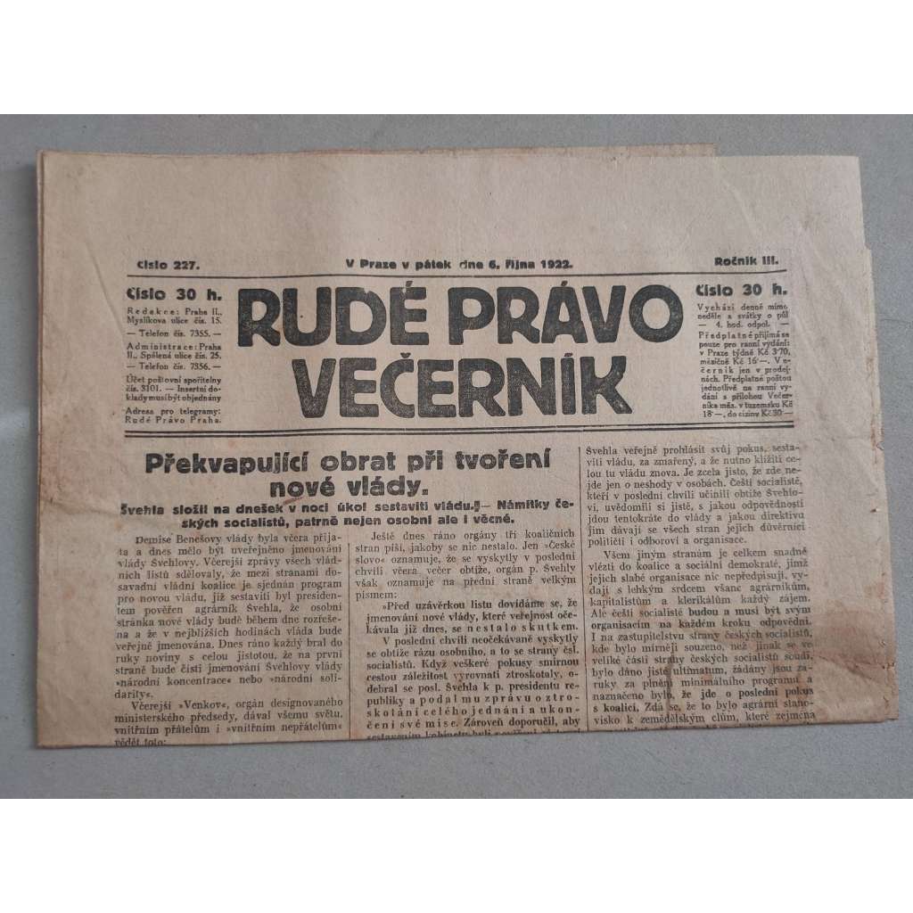 Rudé právo Večerník (6.10.1922) - ročník III. - staré noviny - [komunisté, komunismus]