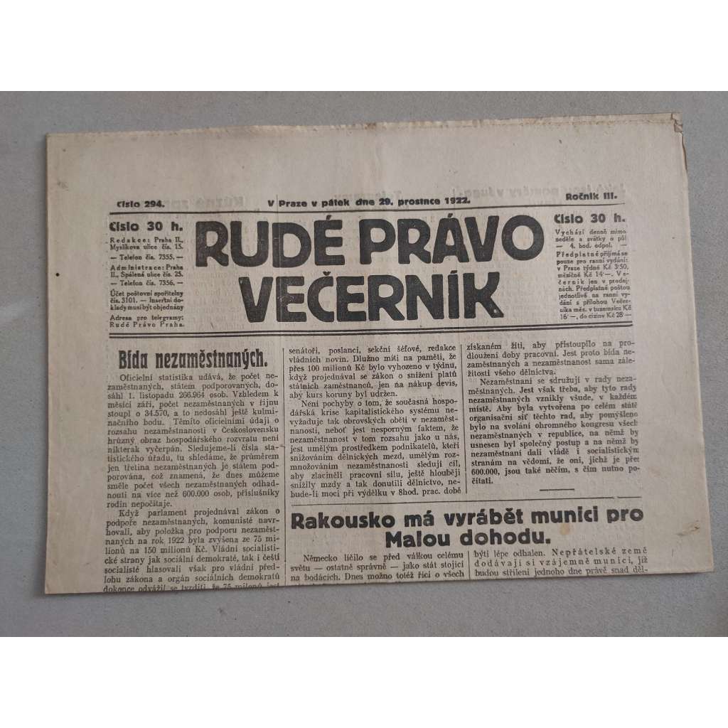 Rudé právo Večerník (29.12.1922) - ročník III. - staré noviny - [komunisté, komunismus]