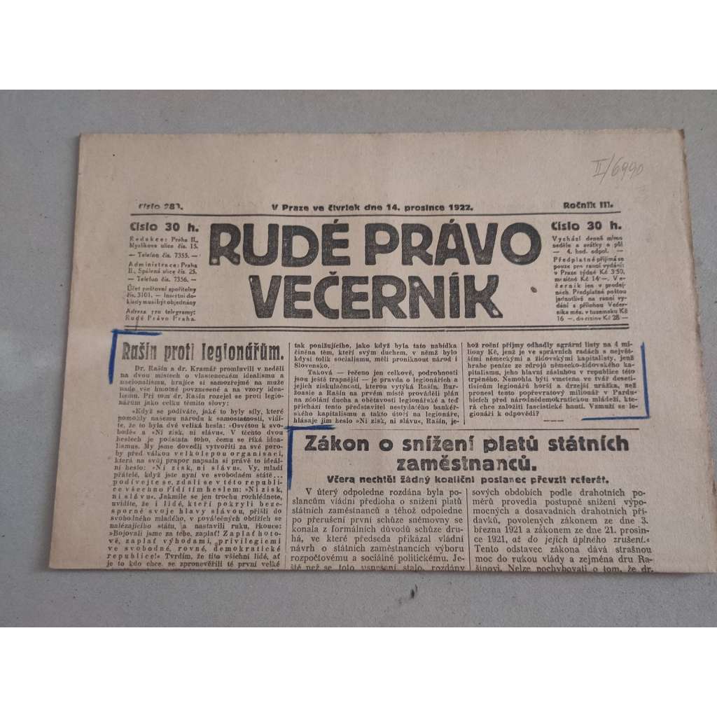 Rudé právo Večerník (14.12.1922) - ročník III. - staré noviny - [komunisté, komunismus]