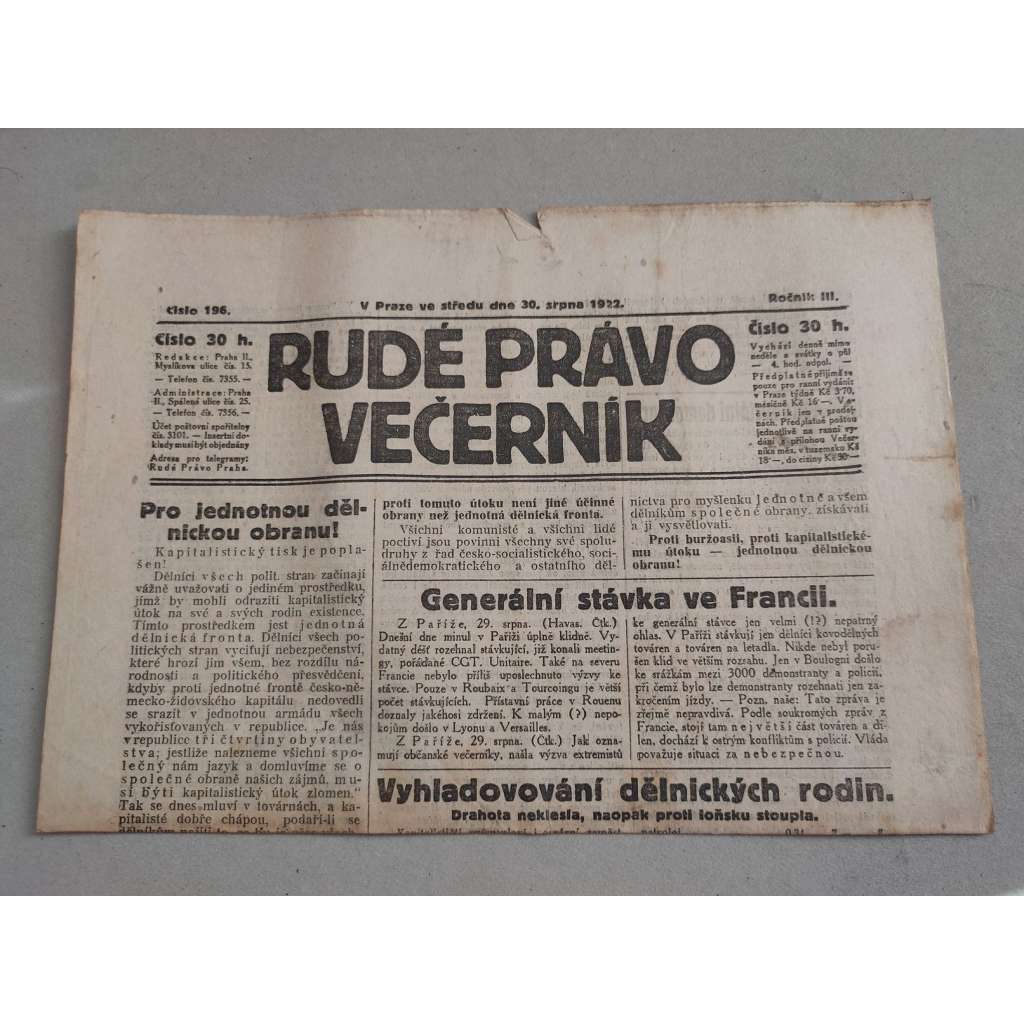 Rudé právo Večerník (30.8.1922) - ročník III. - staré noviny - [komunisté, komunismus]