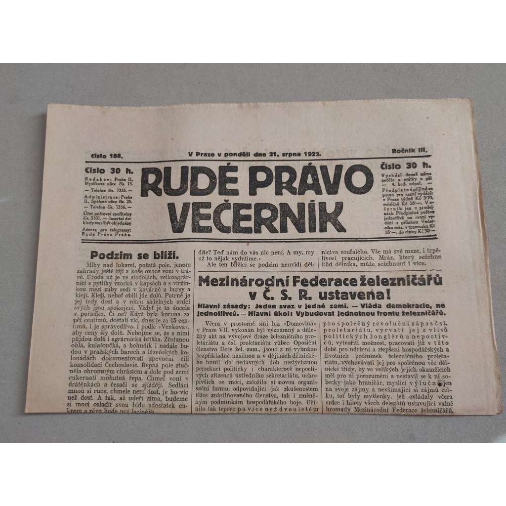 Rudé právo Večerník (21.8.1922) - ročník III. - staré noviny - [komunisté, komunismus]