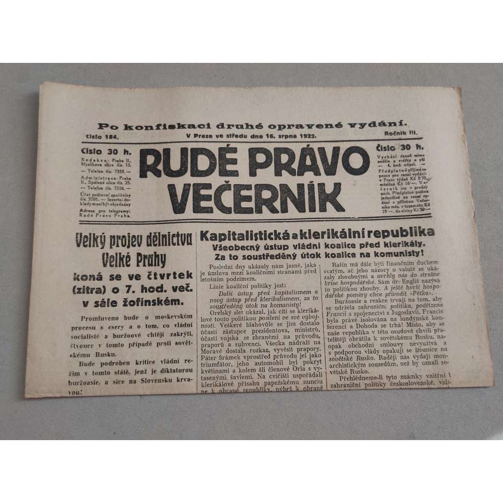 Rudé právo Večerník (16.8.1922) - ročník III. - staré noviny - [komunisté, komunismus]