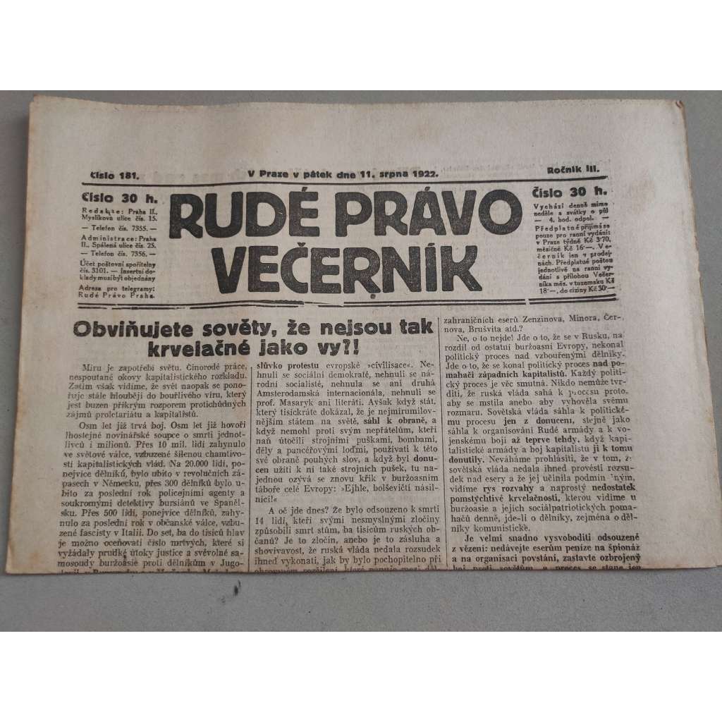 Rudé právo Večerník (11.8.1922) - ročník III. - staré noviny - [komunisté, komunismus]