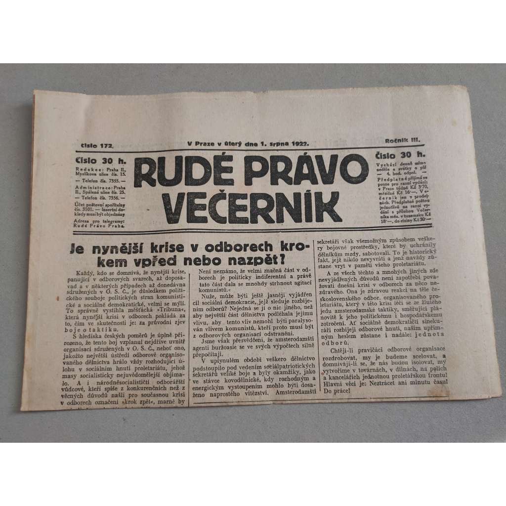 Rudé právo Večerník (1.8.1922) - ročník III. - staré noviny - [komunisté, komunismus]