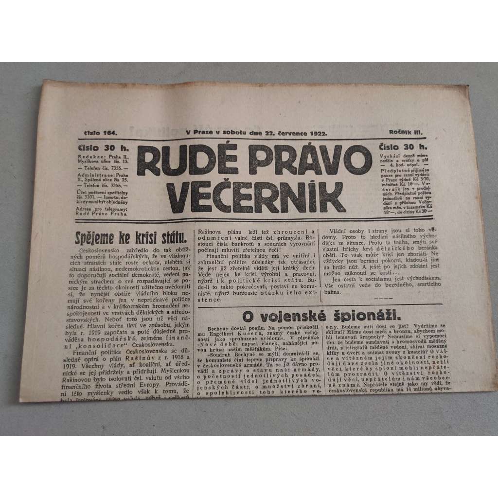 Rudé právo Večerník (22.7.1922) - ročník III. - staré noviny - [komunisté, komunismus]