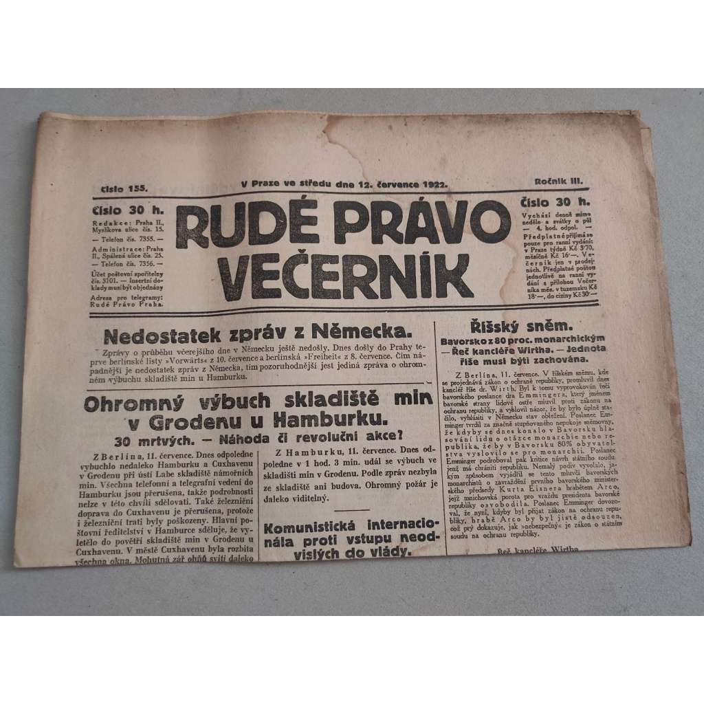 Rudé právo Večerník (12.7.1922) - ročník III. - staré noviny - [komunisté, komunismus]