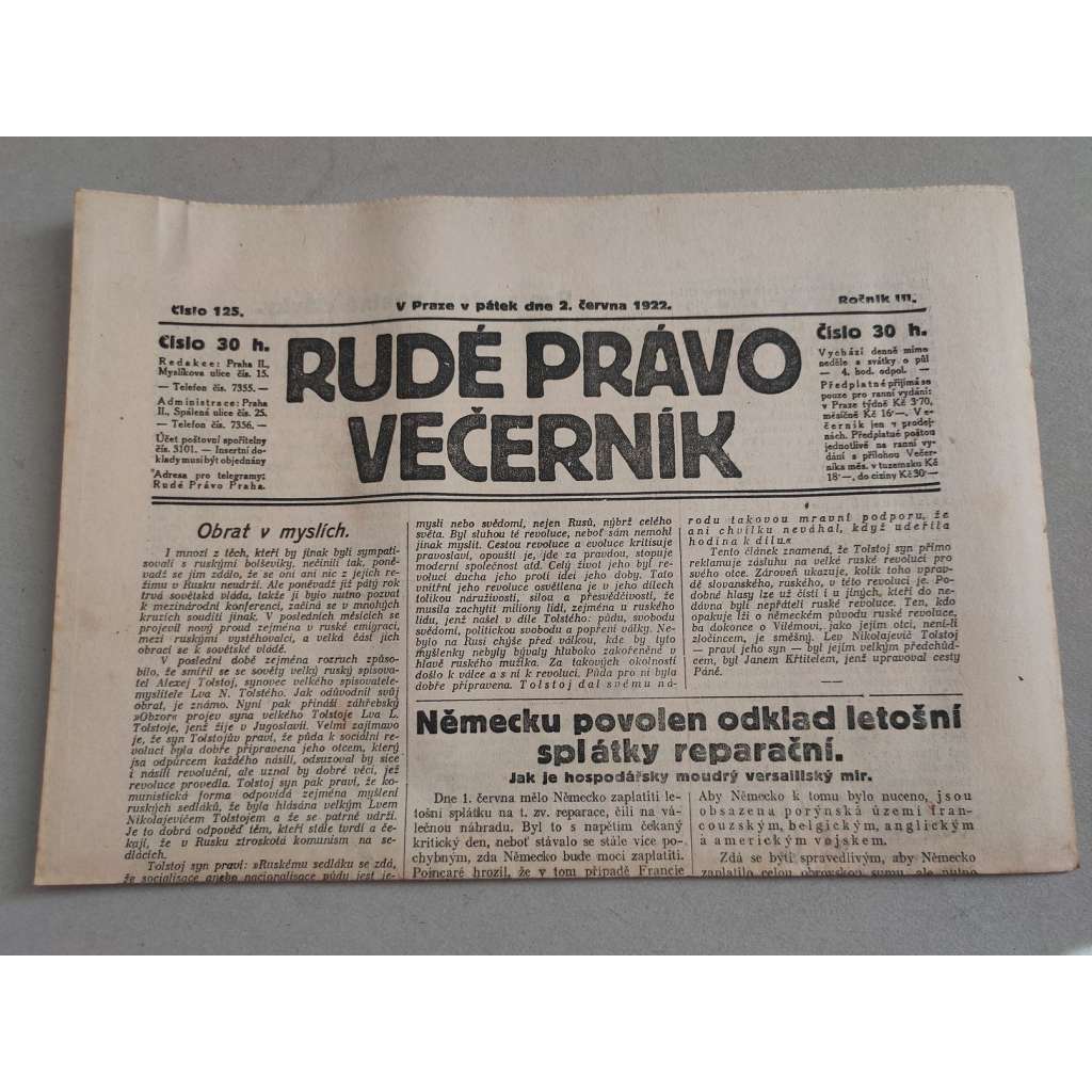 Rudé právo Večerník (2.6.1922) - ročník III. - staré noviny - [komunisté, komunismus]