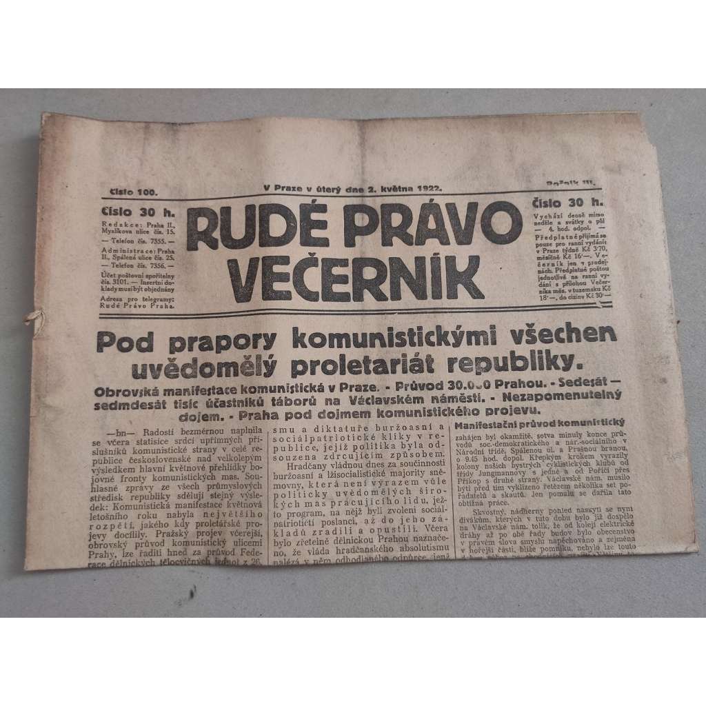 Rudé právo Večerník (2.5.1922) - ročník III. - staré noviny - [komunisté, komunismus]