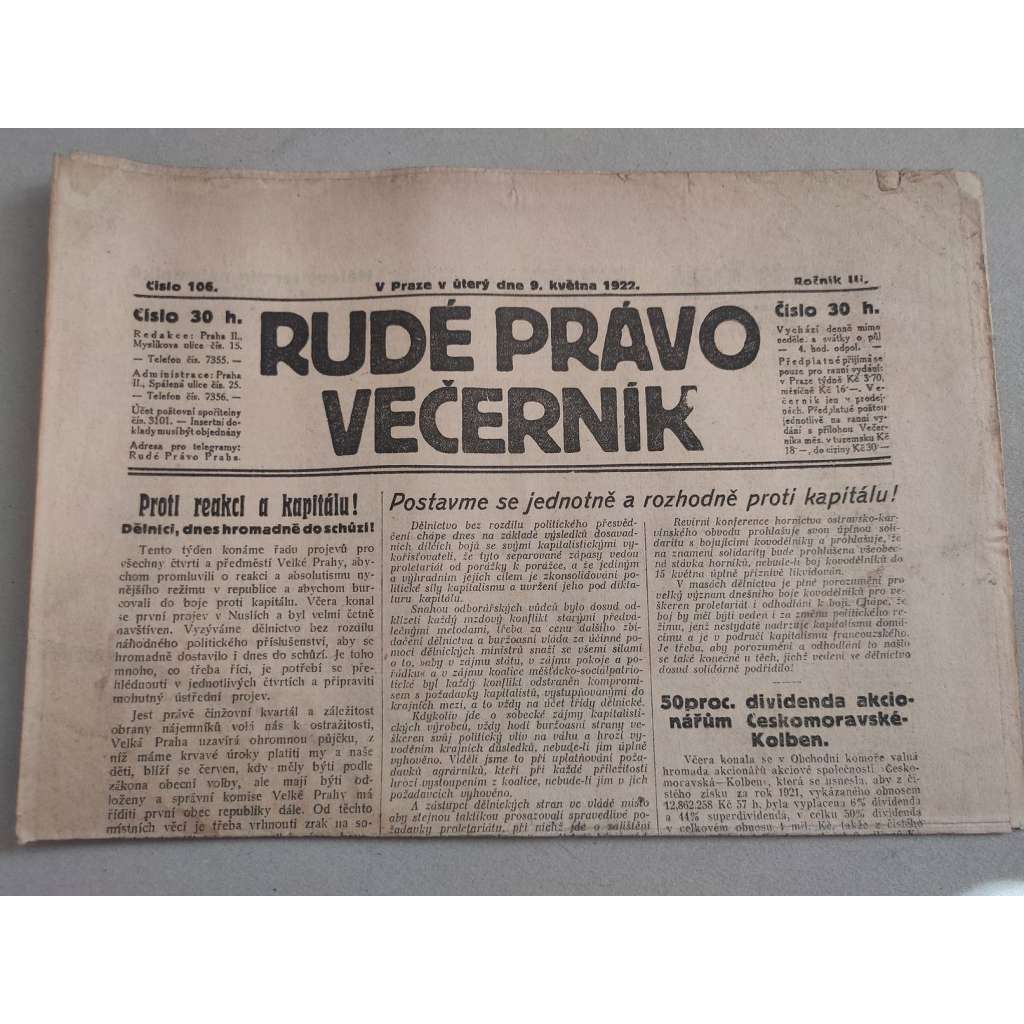 Rudé právo Večerník (9.5.1922) - ročník III. - staré noviny - [komunisté, komunismus]